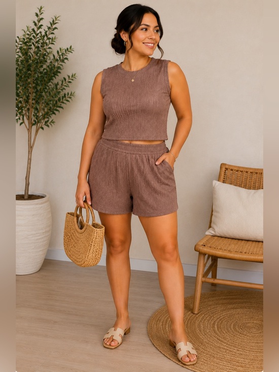 New Mix Tops - New Mix 2-Piece CropTop & Shorts Set Mocha NWT Size Small